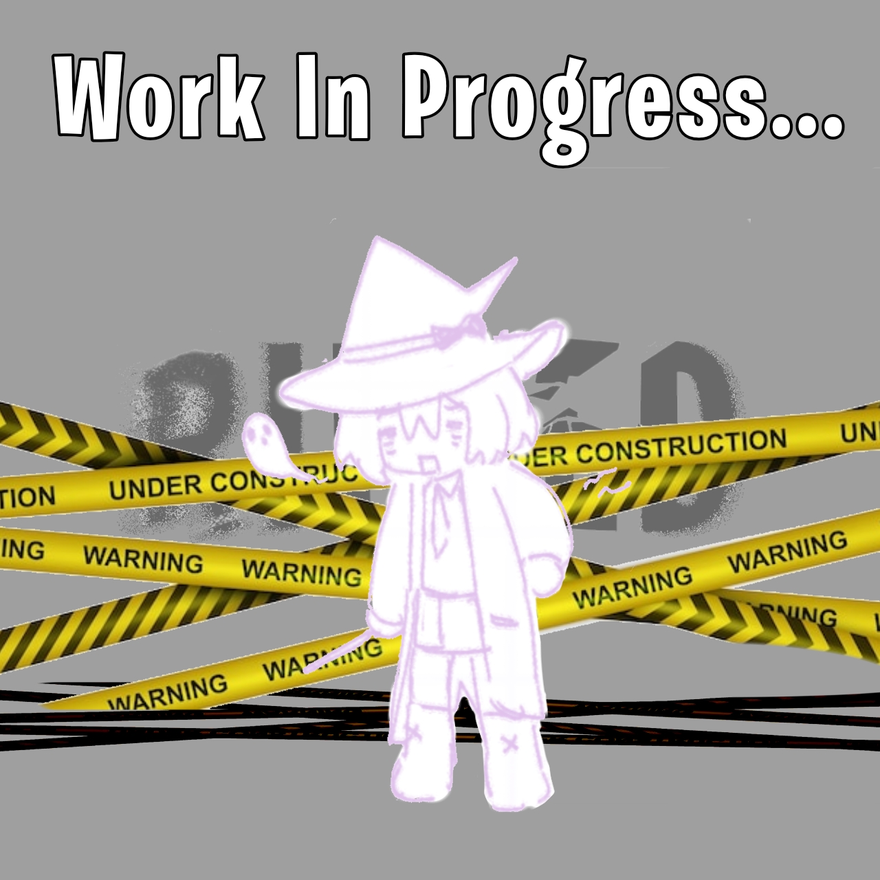 Image of a tired Elina doodle infront of Rifted's prototype logo and black and yellow tapes, declaring a work in progress